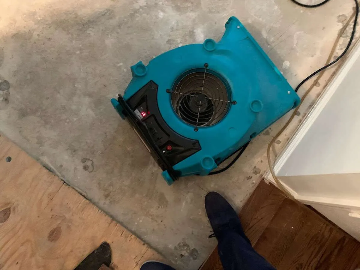 Air mover drying subfloor during Leak Detection & Repair in Hartford